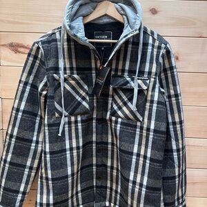 Men's Plaid Sherpa lined Hooded Shirt Jacket - Black and Gray